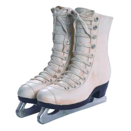 Pair of white resin ice skate planters with laces and silver blades