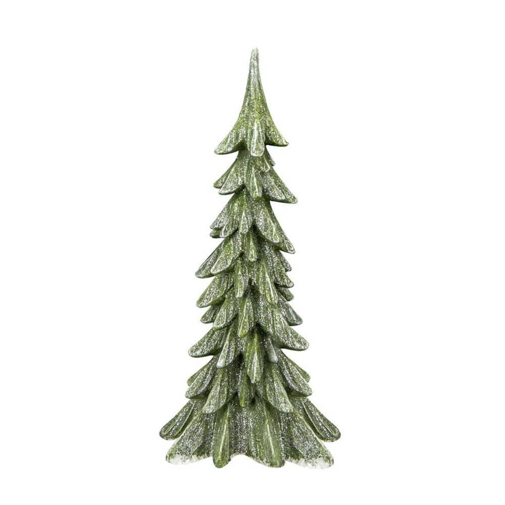 Decorative resin pine tree figurine with layered branches and snow-dusted glitter finish, front view