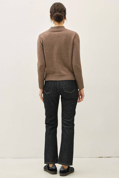 Ultra soft taupe mockneck sweater with ribbed cuffs and hem, back view