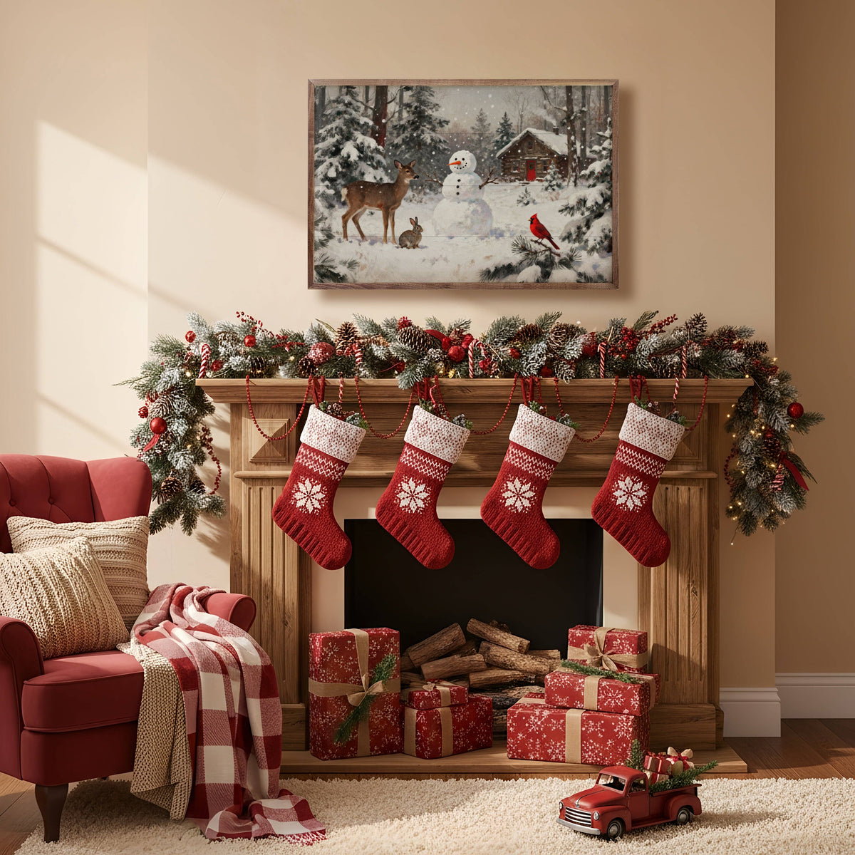Woodland Friends winter snowman framed canvas wall art above decorated fireplace mantel