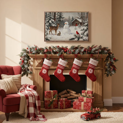 Woodland Friends winter snowman framed canvas wall art above decorated fireplace mantel