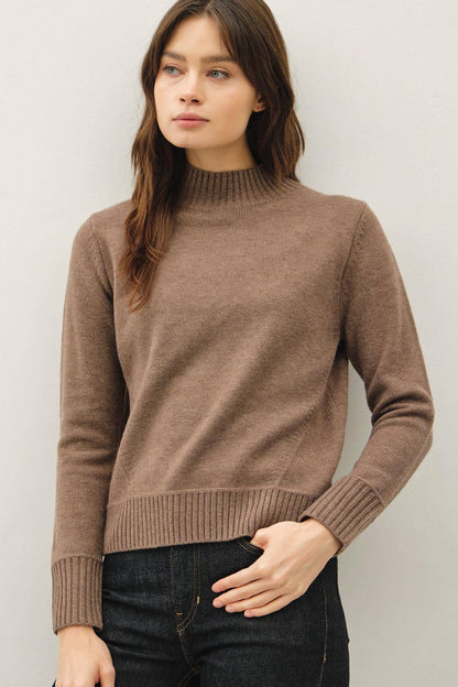Women's taupe mockneck fine knit sweater with ribbed cuffs, hem, and neckline