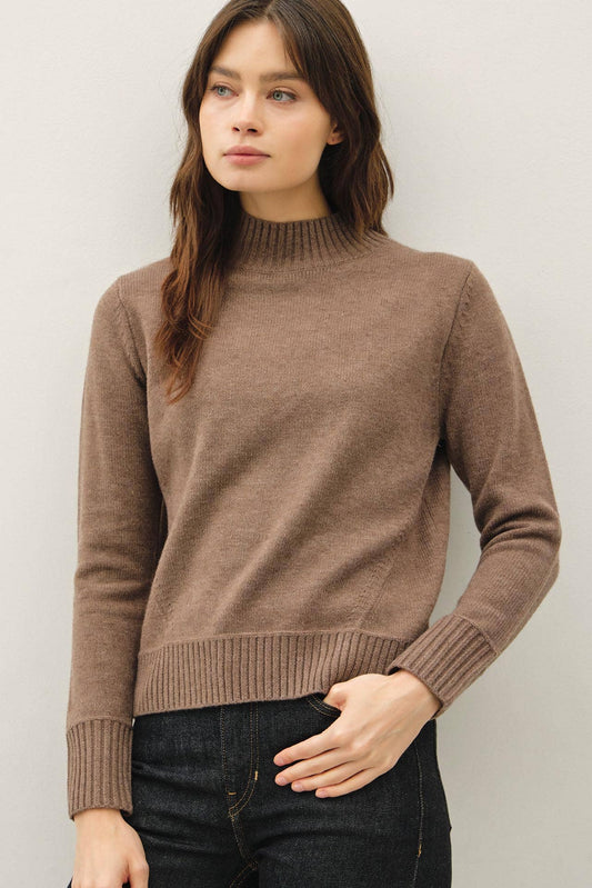 Women's taupe mockneck fine knit sweater with ribbed cuffs, hem, and neckline