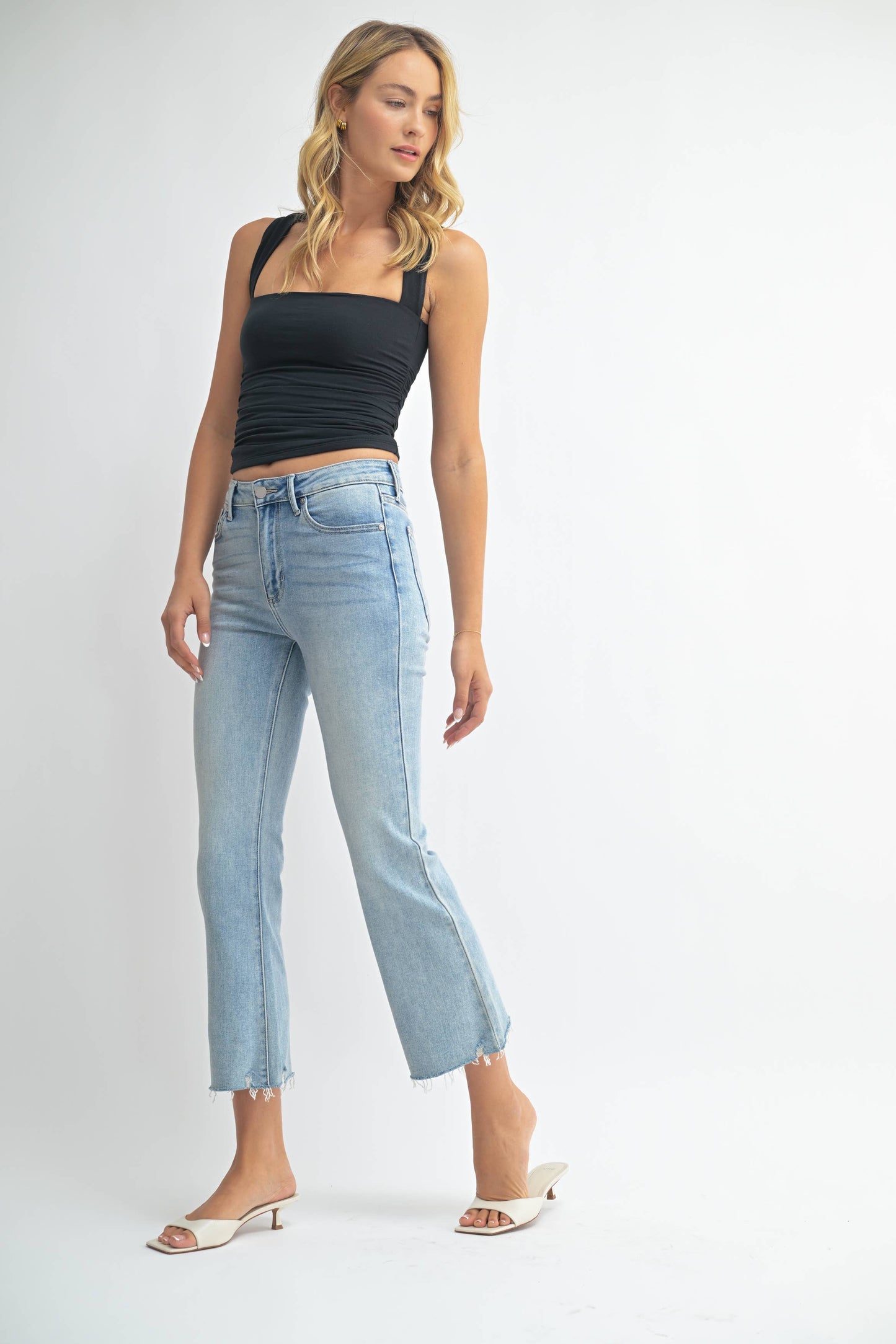 High Rise Crop Flare Distressed Hem