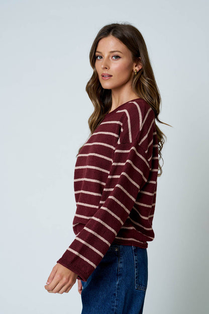 STRIPE TEXTURED RAW EDGE LONG SLEEVE KNIT SWEATER