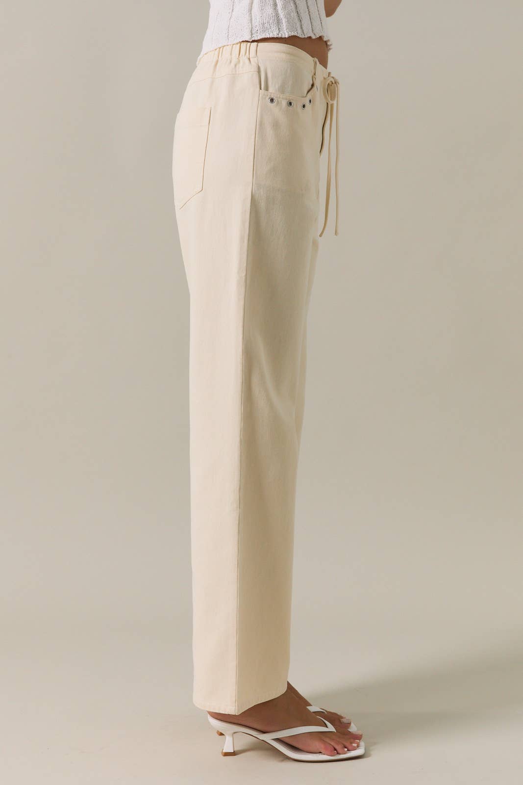 Midi Rise Ties On Waist Eyelet Trim Straight Fit Twill Pants