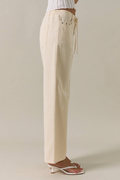 Midi Rise Ties On Waist Eyelet Trim Straight Fit Twill Pants