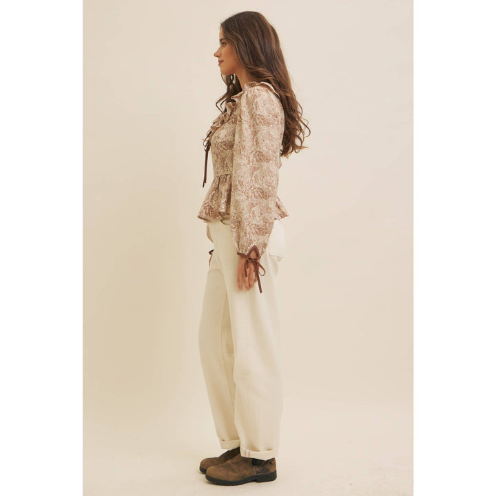 Toile Printed Babydoll Blouse With Balloon Sleeves