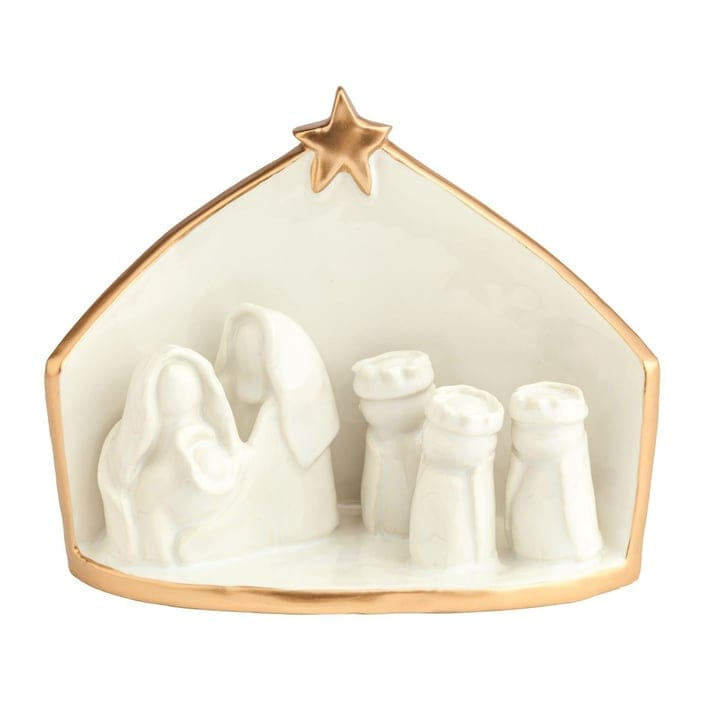 Ceramic nativity scene with gold-trimmed arch, star topper, Holy Family and Three Wise Men figures