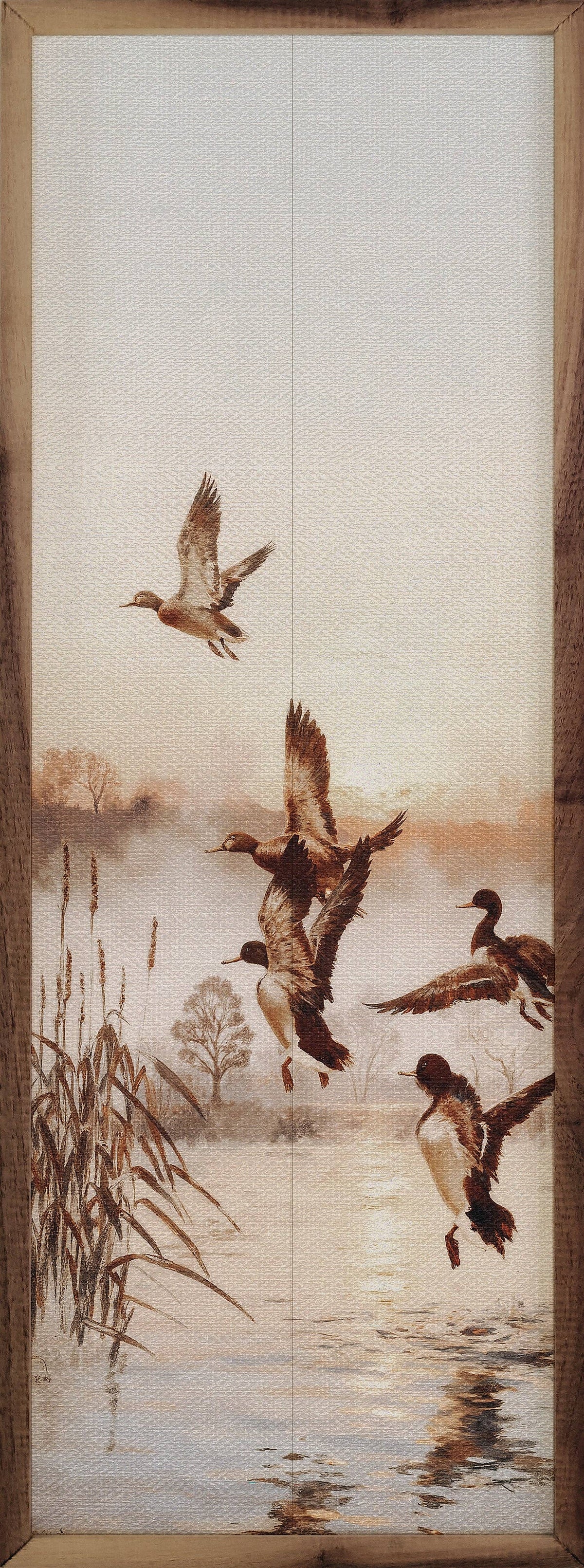Framed walnut wood print of mallard ducks landing on misty lake with reeds