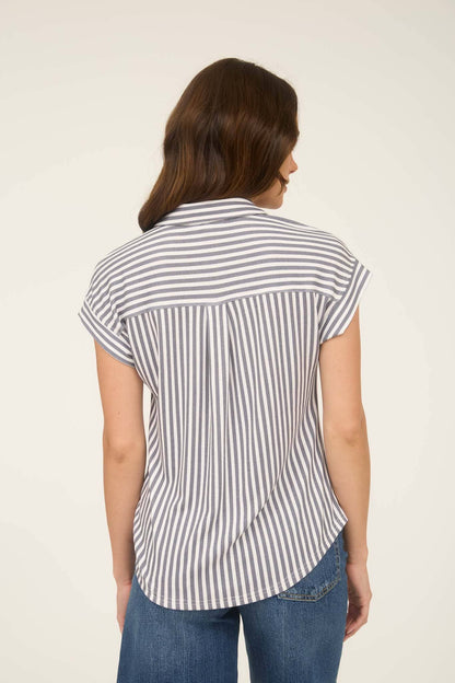Blu Pepper navy white striped collared short sleeve button down shirt back view