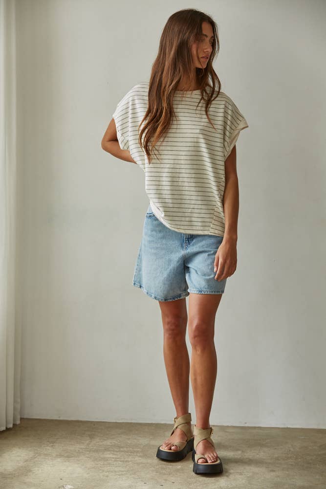 Knit Striped Jersey Round Neck Short Sleeve Top