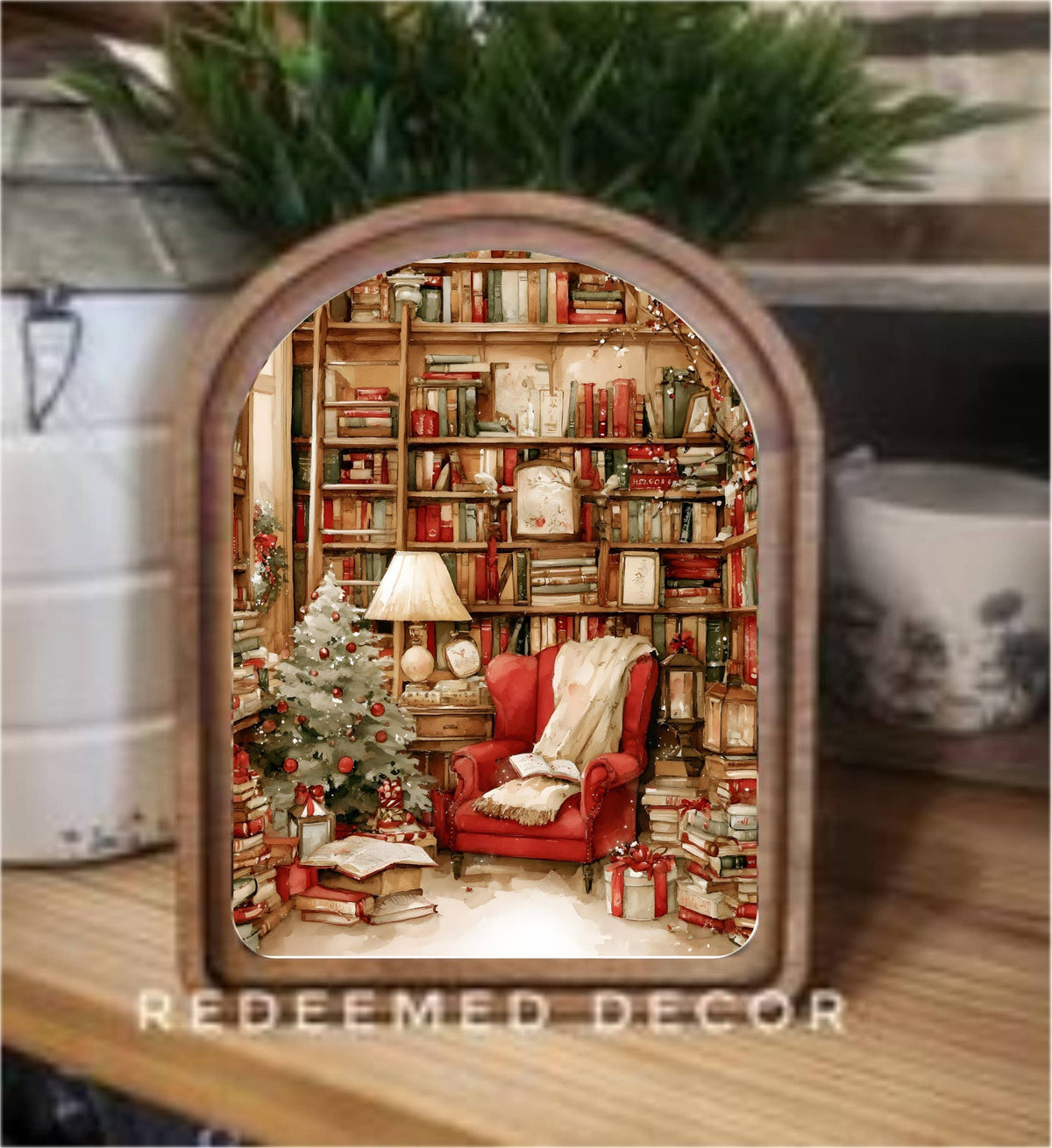 Arch-top wood framed canvas print of cozy Christmas library reading nook with red armchair