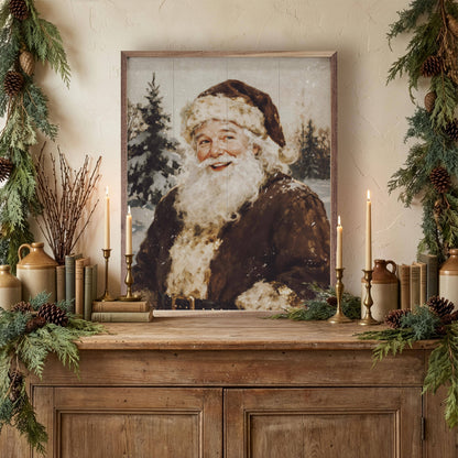 Vintage Santa Claus framed wood wall art panel in rustic Christmas vignette