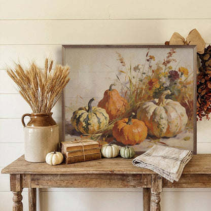Framed fall pumpkin still life art print on rustic wood console table with harvest decor