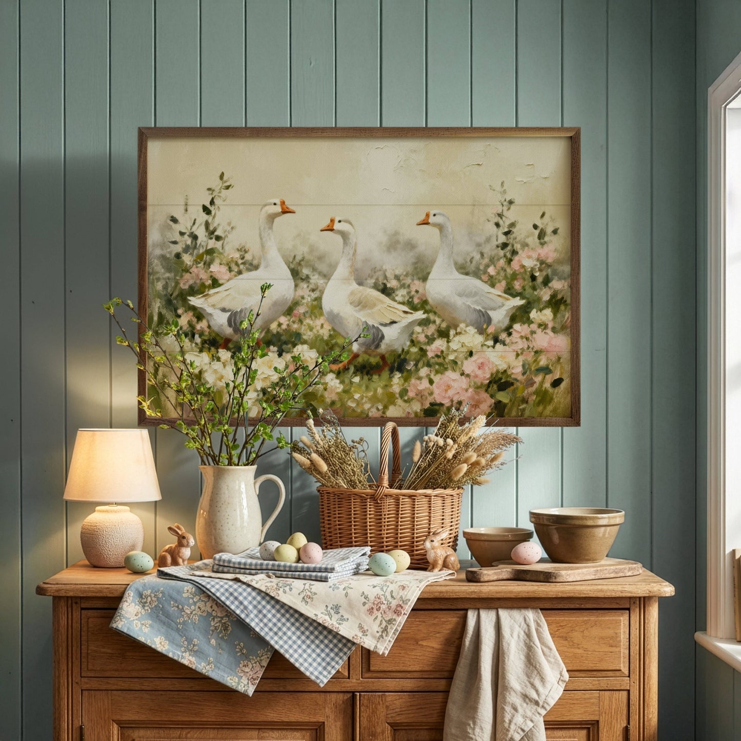 White Geese In Pink And White Flowers