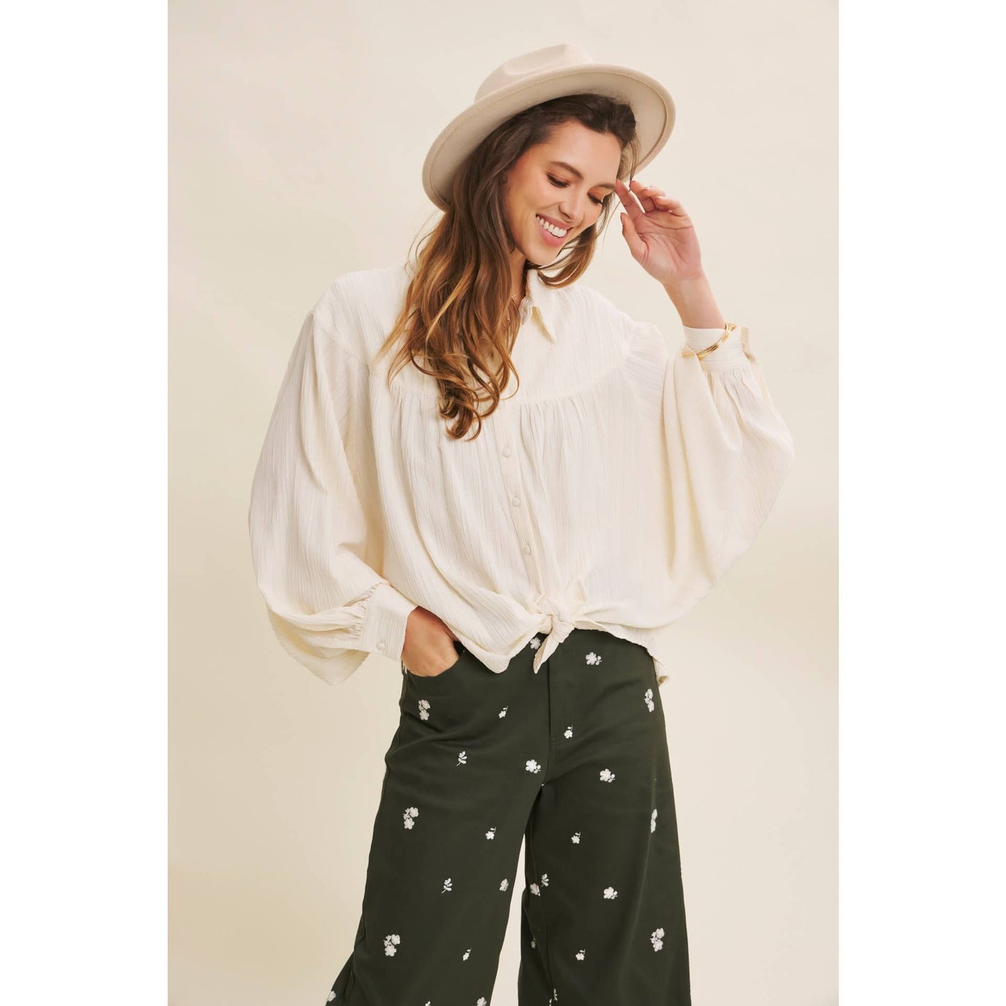 Crinkled Button-Down Oversized Shirt with Dolman Sleeves