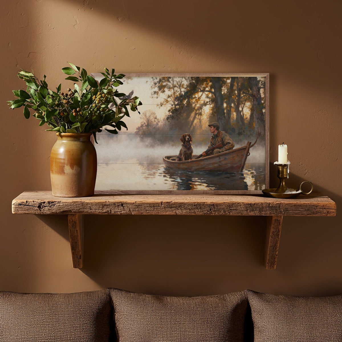 Rustic wood framed painting of hunter with dog in misty river boat