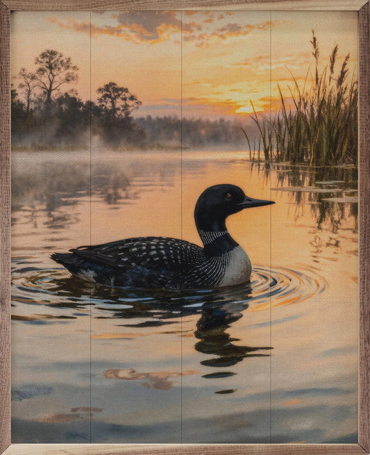 Framed wood wall art painting of a loon on a misty lake at sunrise