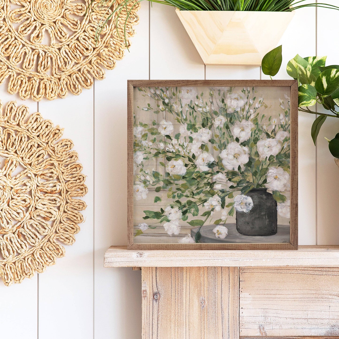 White Bouquet Gray Vase By Julia Purinton Wooden Art Print