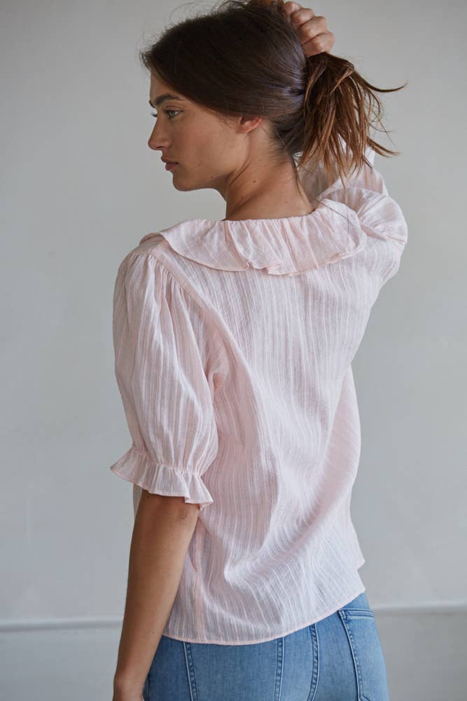 L8439 | Woven Cotton Buttondown V-Neck Short Sleeve Top
