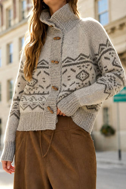 Mock Neck Toggle Button Knit Cardigan