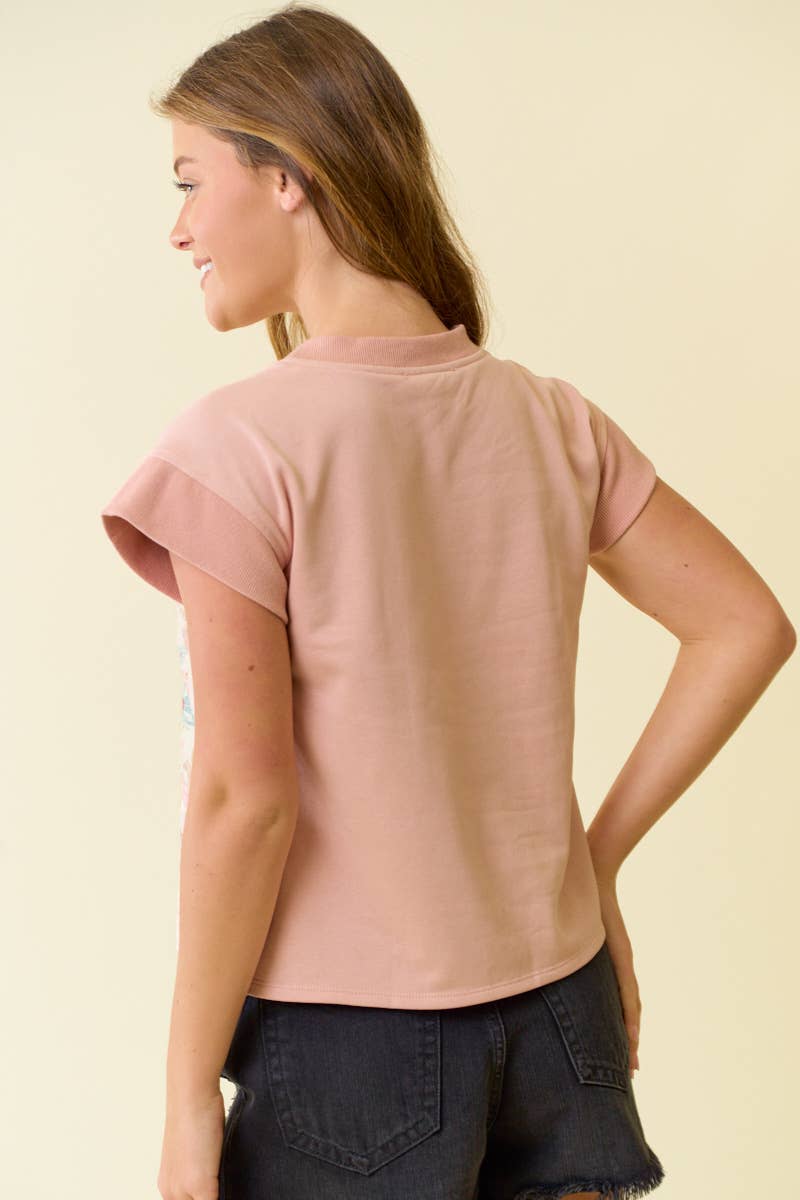 FLORAL EMBROIDERY PRINT & TERRY MIX MUSCLE TOP