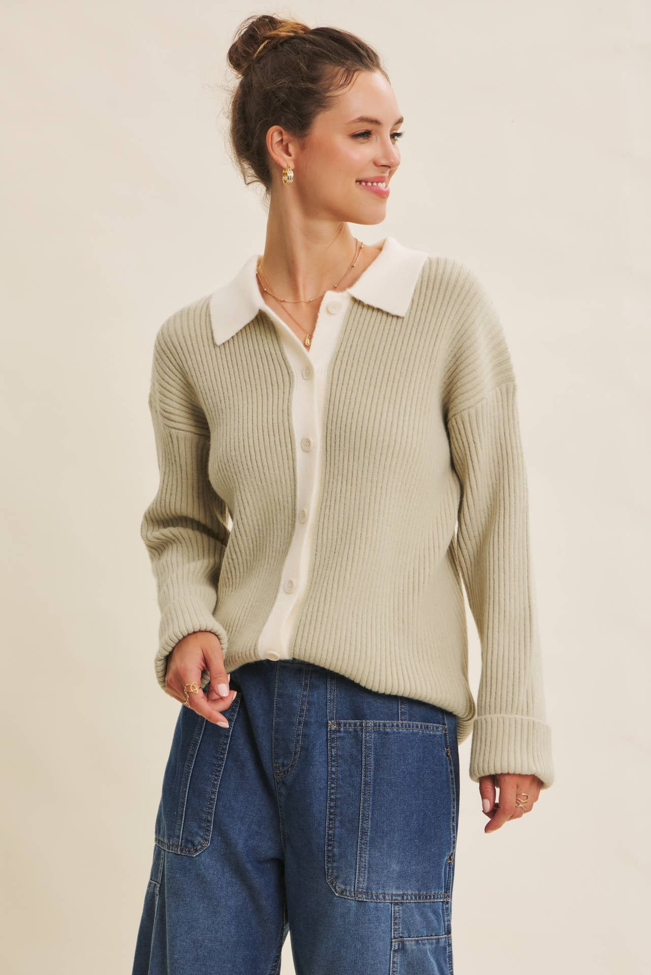 SOFTLY STRUCTURED CONTRAST RIBBED SWEATER CARDIGAN