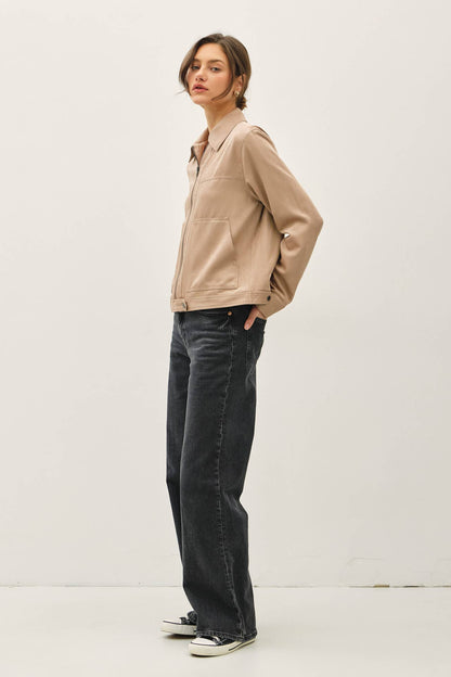 SUEDE FEEL COLLARED ZIP UP JACKETS