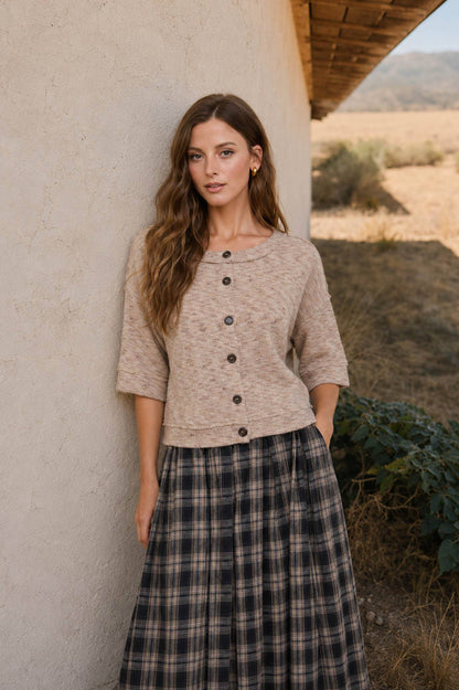 MARLED BUTTON DOWN SHORT SLEEVE RAW EDGE KNIT TOP