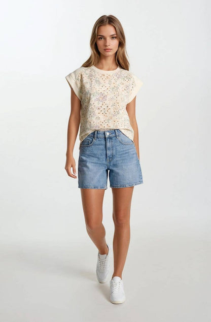 FLORAL EMBROIDERY PRINT & TERRY MIX MUSCLE TOP