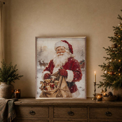 Framed vintage Santa Claus wall art with toy sack, displayed on rustic wood dresser