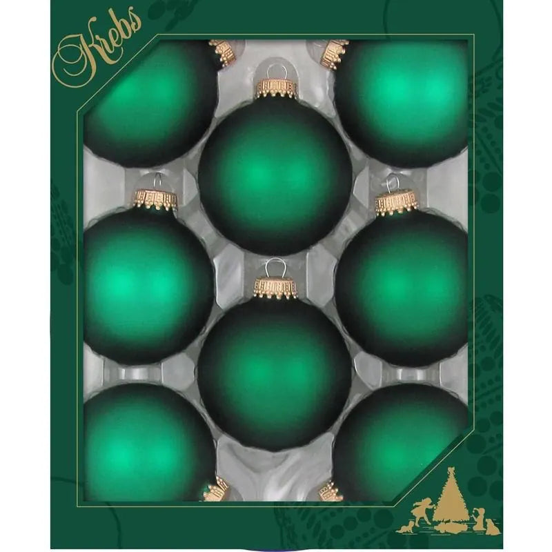 Eight matte green glass Christmas ball ornaments with gold caps in display box