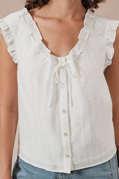 Lace Through Scoop Neck Sleeveless Button Up Top With Ruffle