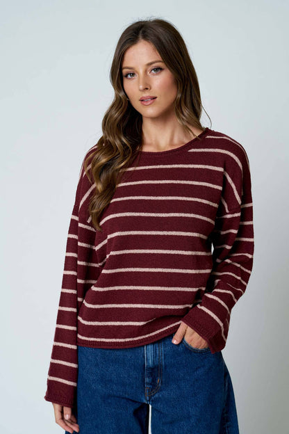 STRIPE TEXTURED RAW EDGE LONG SLEEVE KNIT SWEATER