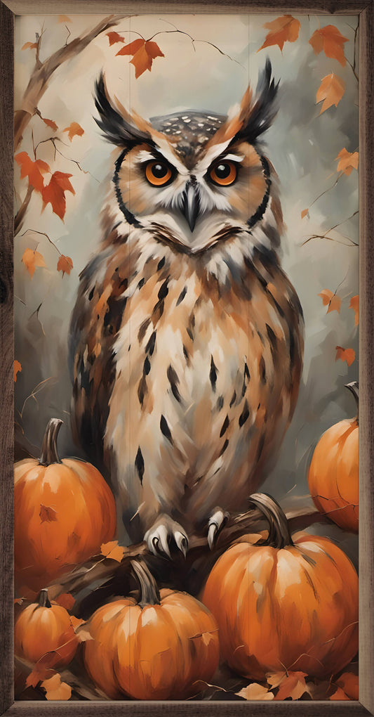 Framed oil-style painting of a great horned owl perched among orange pumpkins and autumn leaves