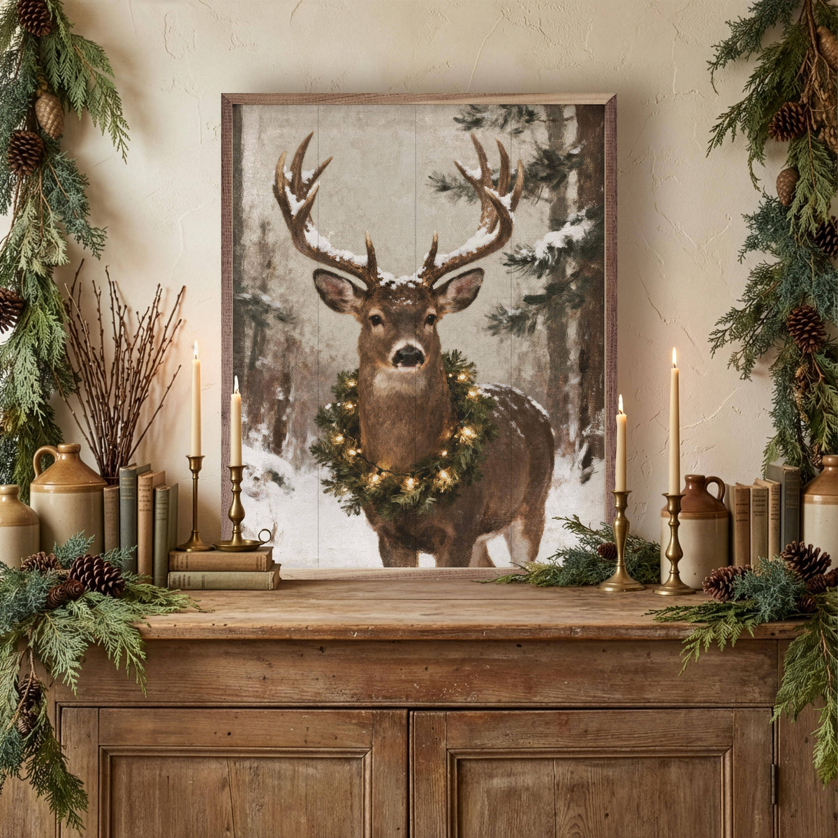 Framed whitetail deer portrait with wreath, displayed on rustic wood cabinet with holiday greenery