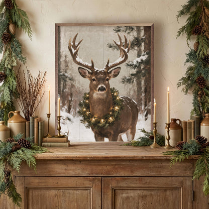 Framed whitetail deer portrait with wreath, displayed on rustic wood cabinet with holiday greenery