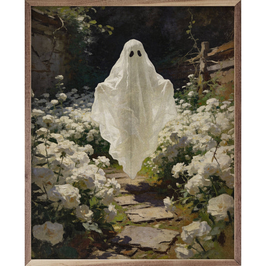 Framed Halloween ghost art print in garden with white roses, walnut frame