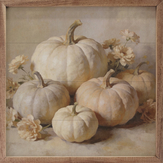 Framed painting of white pumpkins and cream flowers in walnut wood frame