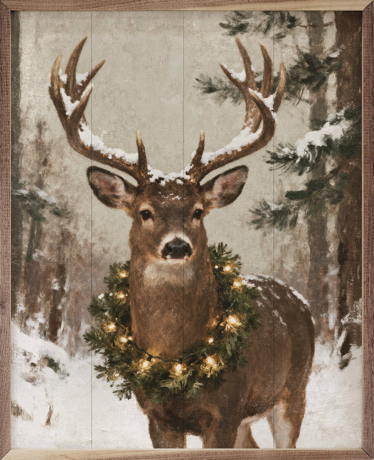 Framed wall art painting of a whitetail deer wearing a lit Christmas wreath in snowy forest