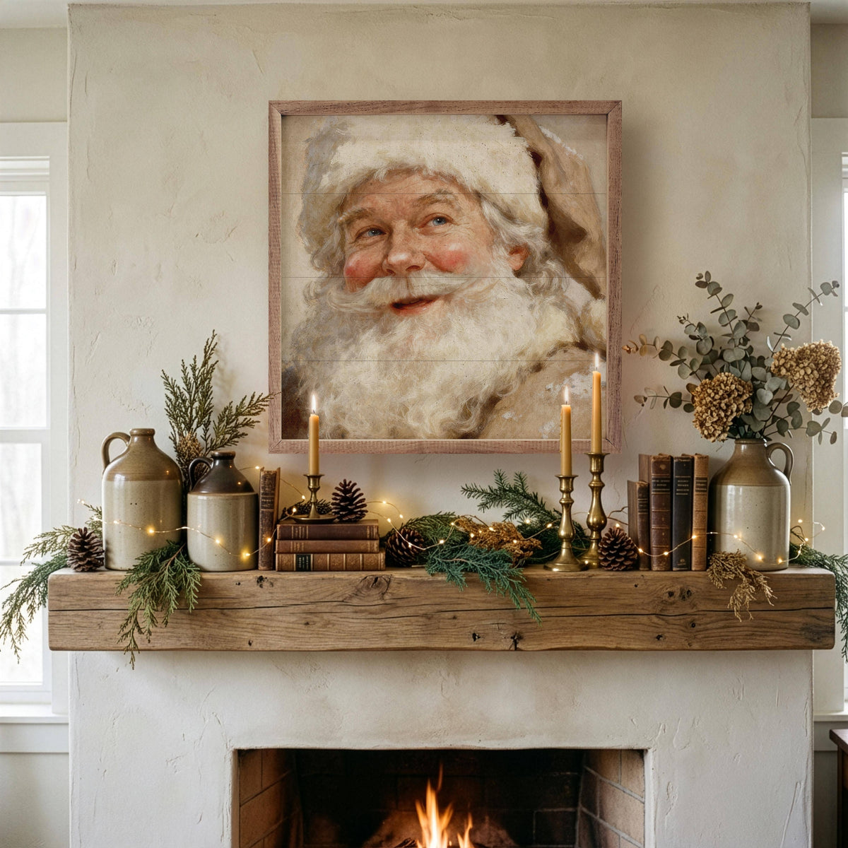 Framed vintage Santa Claus portrait wall art displayed above a rustic fireplace mantel