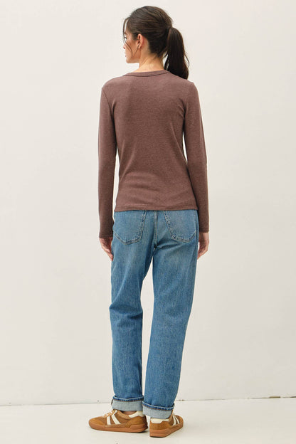 Be Cool brown marl round neck long sleeve fitted knit top, back view
