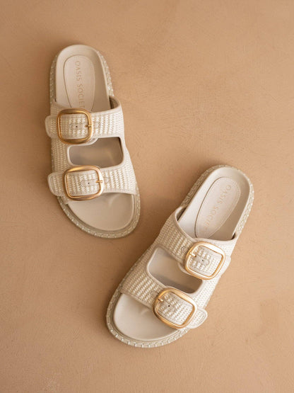 Daytona Slides | Ivory Two-Tone Raffia Gold Buckle Sandal