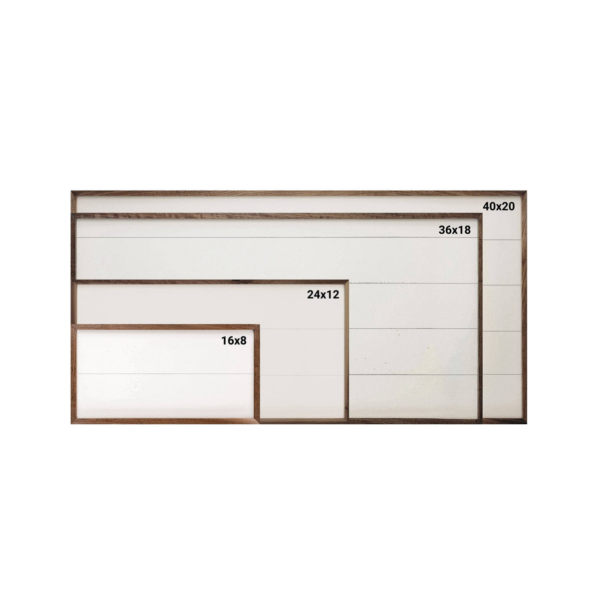 Rustic wood-framed white shiplap signs shown in four sizes: 16x8, 24x12, 36x18, 40x20