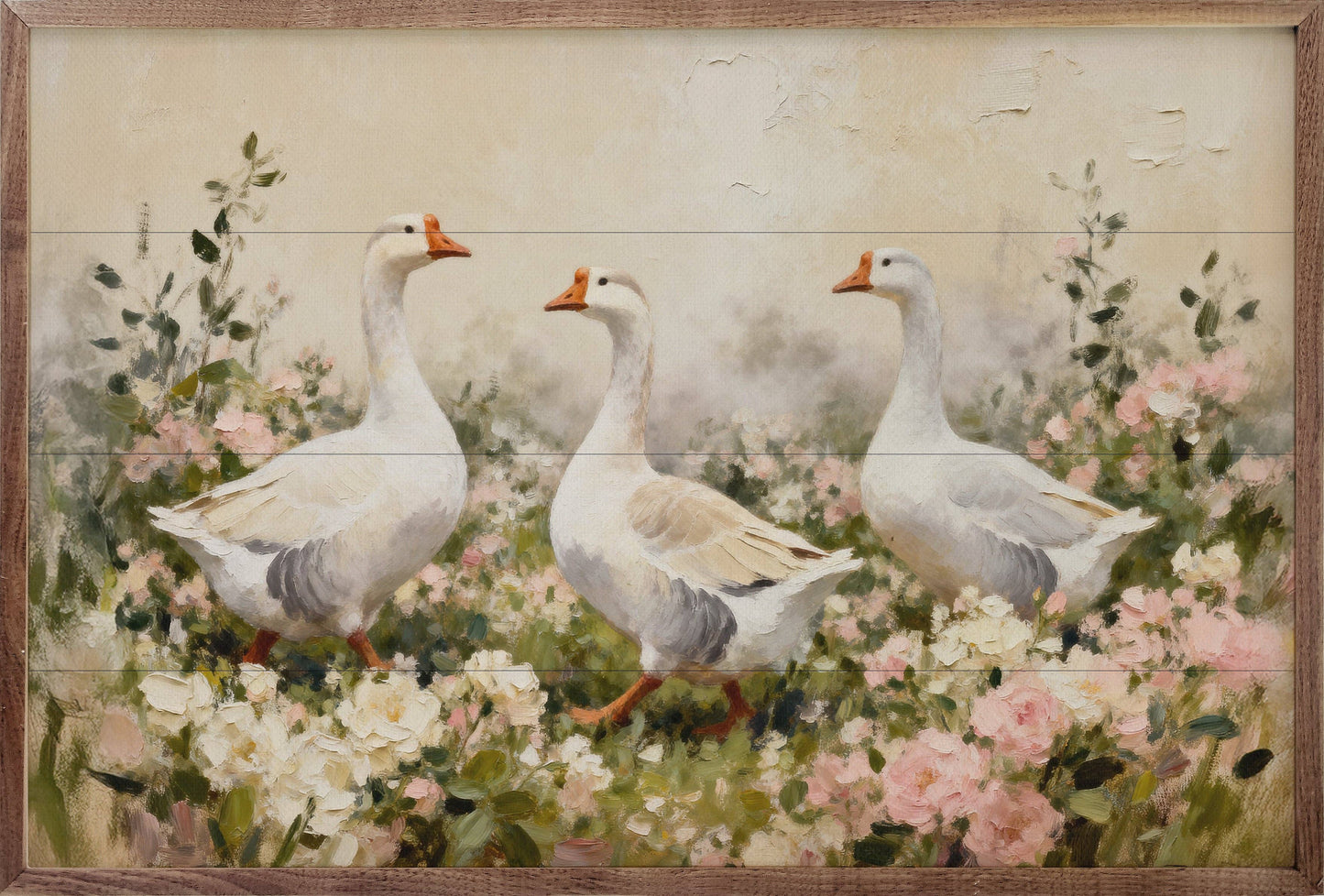 White Geese In Pink And White Flowers