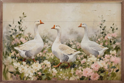 White Geese In Pink And White Flowers