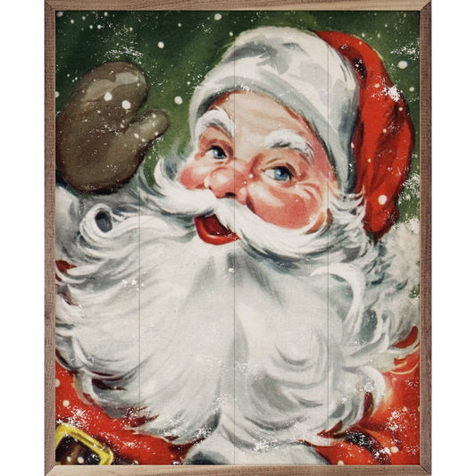 Vintage-style framed wood plank Santa Claus art with red hat and white beard