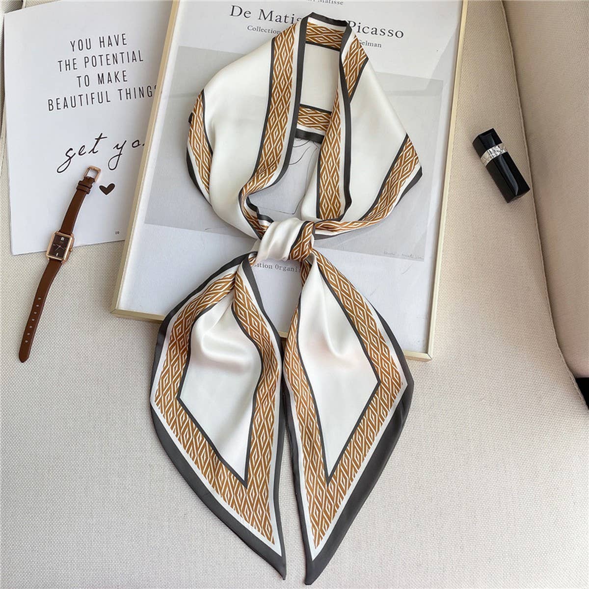 THIN SIMPLE GEOMETRIC LONG SILK HEAD SCARF_CWASC1521: APRICOT / (OS) 1