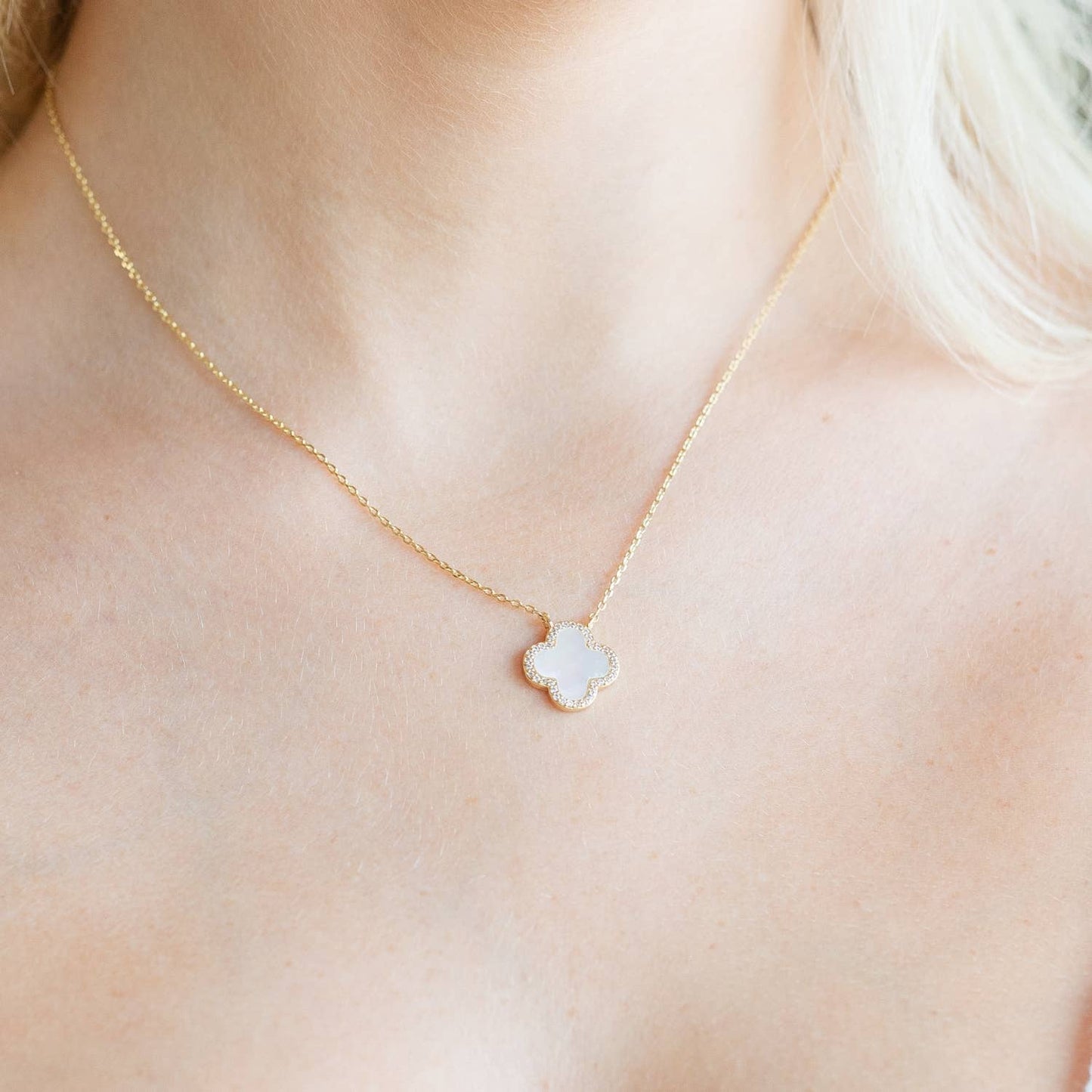 Good Fortune, Shell Pavé Quatrefoil Necklace